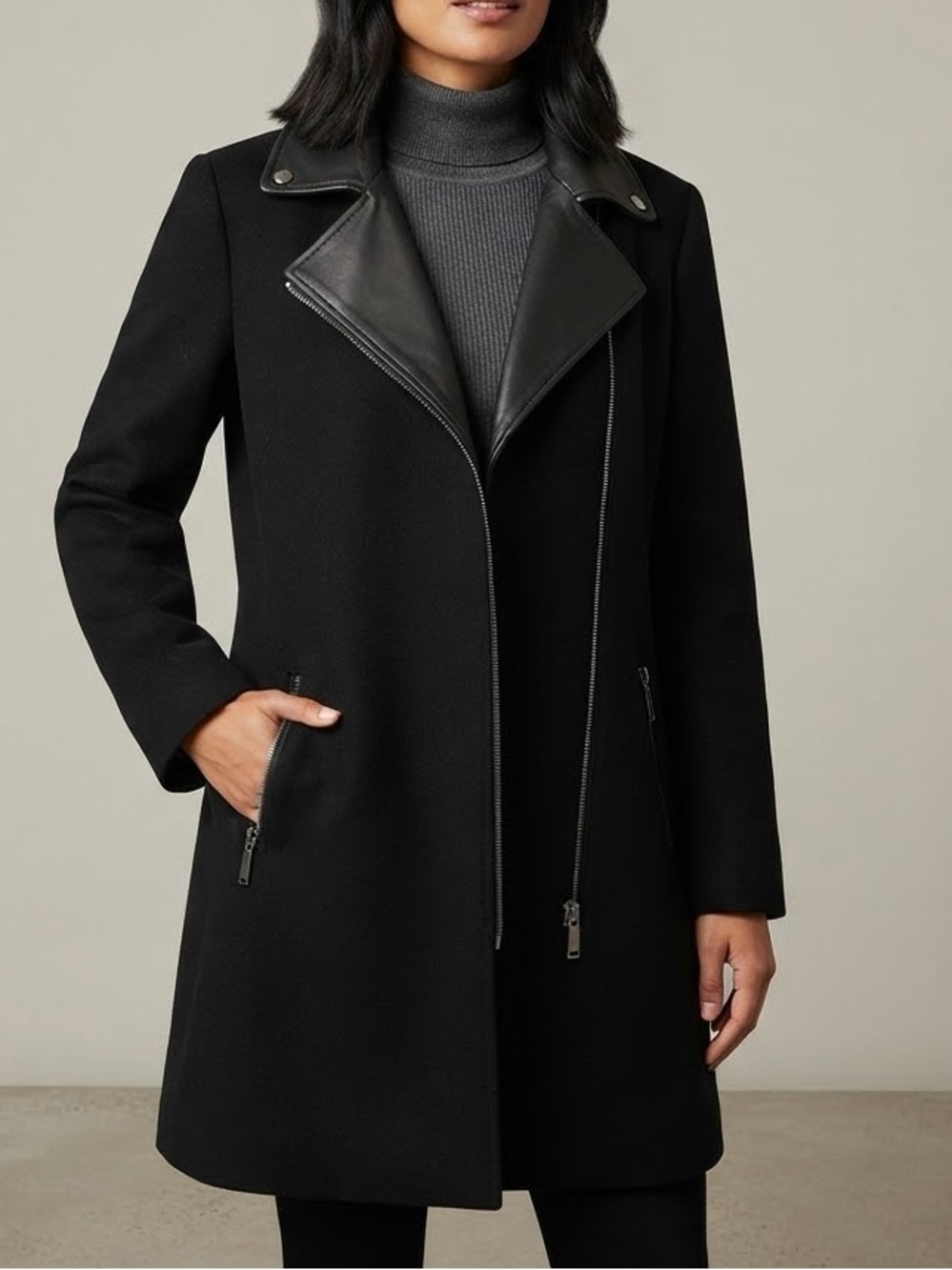 Michael Kors Wool Vegan Leather Trim Pea Coat Zipper Minimalist Black Large